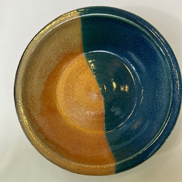 Other - Pottery Tan/Blue Shiny Glazed Lipped Bowl
